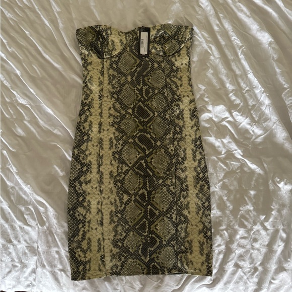Snakeskin khaki faux leather Strapless Mini Dress - Picture 2 of 3